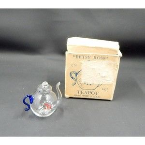 Betsy Ross Teapot Hand Blown Glass 1976 Commemorative Spun Glass Miniature USA
